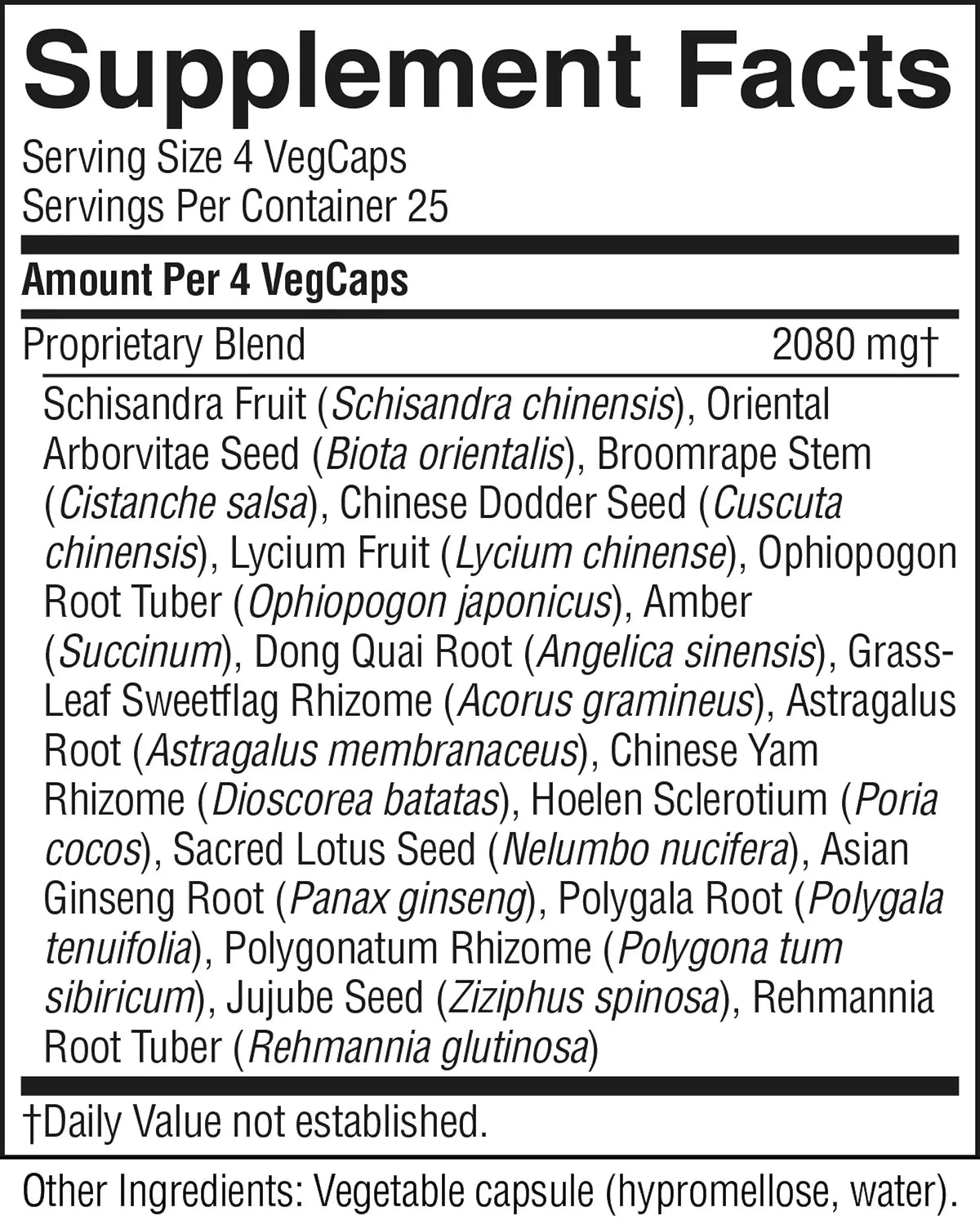 A close-up of a supplement facts label showing the supplement name 'Supplement Facts', serving size 4 VegCaps, servings per container 25, proprietary blend 2080 mg/t, a list of ingredients, and a note that the daily value is not established.