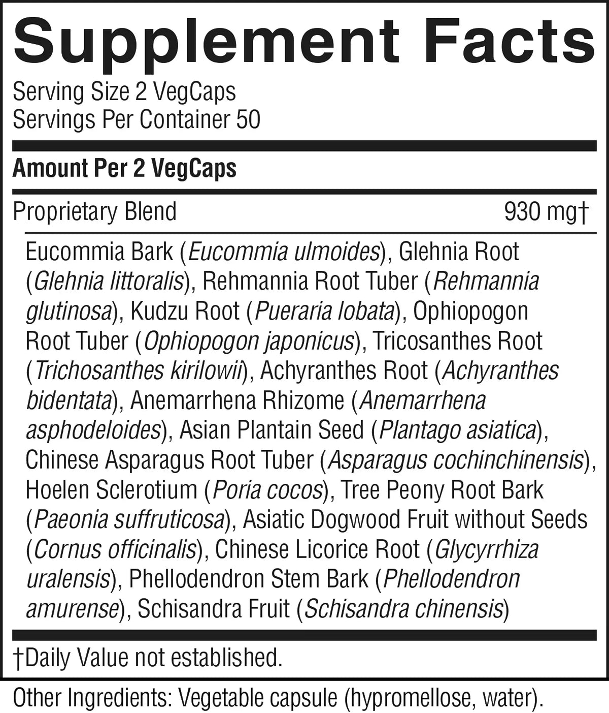 A close-up of a supplement facts label showing the Supplement Facts panel for VegCaps, with a proprietary blend listed at 930 mg. The label includes listed ingredients such as Eucommia Bark, Glehnia Root, and American Ginseng.