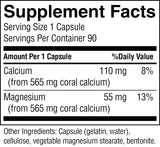 A close-up of a supplement facts label showing serving size 1 capsule, servings per container 90, calcium 110 mg (8% daily value), magnesium 55 mg (13% daily value), and other ingredients listed at the bottom.