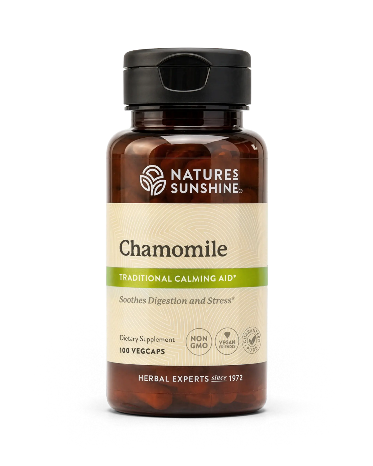 A bottle of Nature's Sunshine Chamomile dietary supplement with amber brown plastic, a black cap, and a beige label with green accents, shown on a white background.