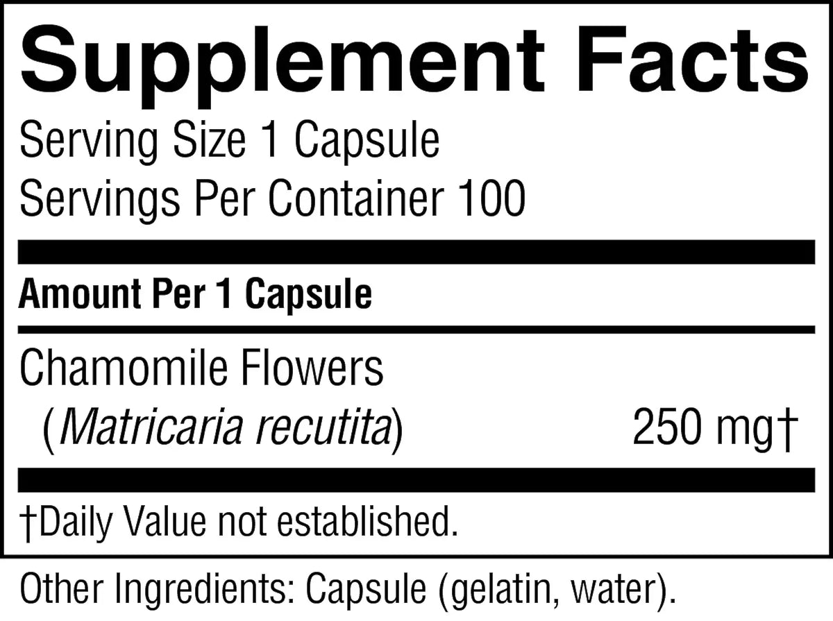 A close-up of a supplement facts label showing serving size 1 capsule, 100 servings per container, chamomile flowers (Matricaria recutita) 250 mg, and other ingredients listed as capsule (gelatin, water).
