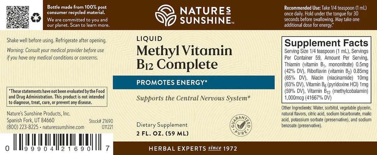 Natures Sunshine Liquid Vitamin B12 Complete dietary supplement bottle label, showing product details, supplement facts, and a barcode on a white background.