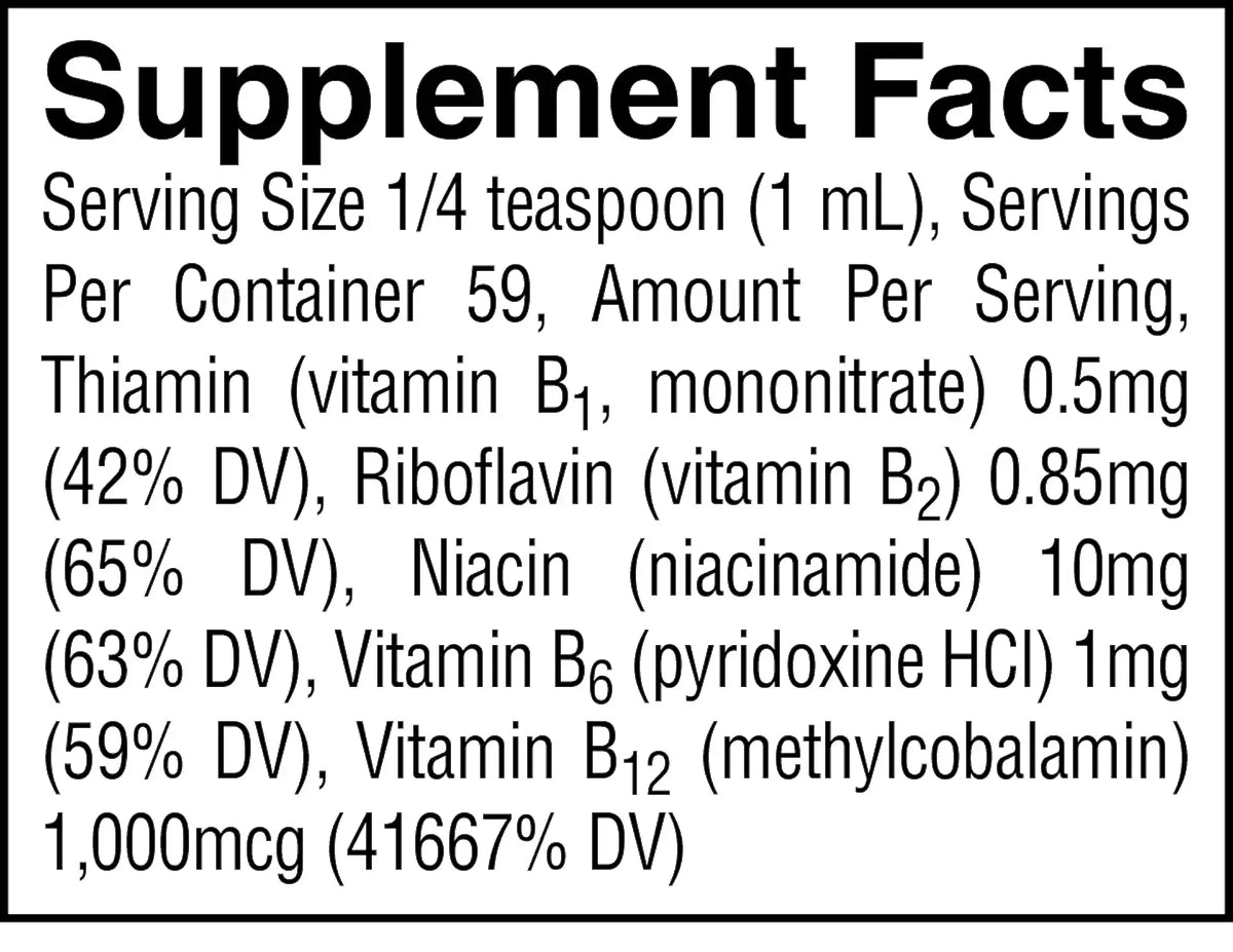 A Supplement Facts label showing text listing serving size, servings per container, and vitamin amounts and daily value percentages: Thiamin 0.5mg (42% DV), Riboflavin 0.