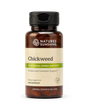A bottle of Natures Sunshine Chickweed dietary supplement with 100 capsules, featuring an amber brown bottle, black cap, and a beige label with green accents.
