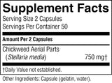 A Supplement Facts label showing chickweed aerial parts at 750 mg, with serving size 2 capsules and 50 servings per container.