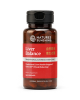A bottle of Nature's Sunshine Liver Balance dietary supplement containing 100 vegcaps, featuring a red label and black cap on a white background.