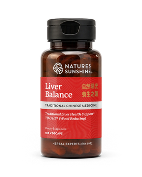 A bottle of Nature's Sunshine Liver Balance dietary supplement containing 100 vegcaps, featuring a red label and black cap on a white background.