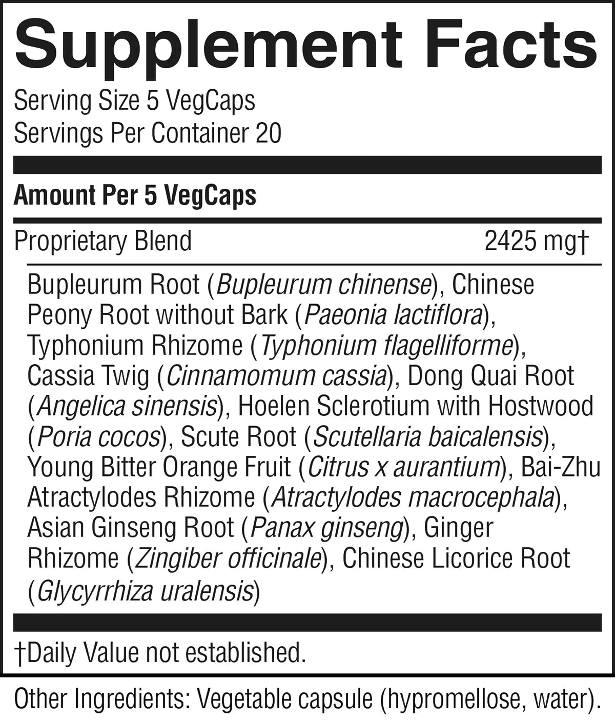 A supplement facts label in black text on a white background, showing serving size 5 VegCaps, servings per container 20, and a proprietary blend with a list of ingredients including Bupleurum Root, Peony Root, Cassia Twig, Dong Quai Root, and others.