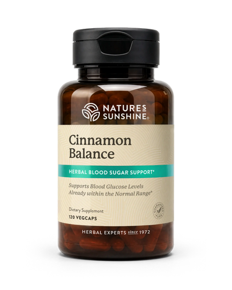 A bottle of Nature's Sunshine Cinnamon Balance dietary supplement, containing 120 vegcaps, on a clean white background.