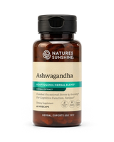 A bottle of Nature's Sunshine Ashwagandha herbal extract dietary supplement, featuring amber brown plastic and a black cap, on a clean white background.