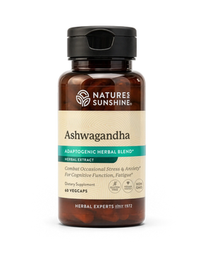 A bottle of Nature's Sunshine Ashwagandha herbal extract dietary supplement, featuring amber brown plastic and a black cap, on a clean white background.