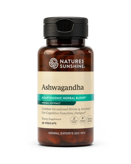 A bottle of Nature's Sunshine Ashwagandha herbal extract dietary supplement, featuring amber brown plastic and a black cap, on a clean white background.