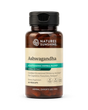 A bottle of Nature's Sunshine Ashwagandha herbal extract dietary supplement, featuring amber brown plastic and a black cap, on a clean white background.