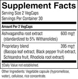 A black-and-white Supplement Facts label showing serving size 2 VegCaps, servings per container 30, and ingredient amounts for Ashwagandha root extract 600 mg and a proprietary blend 395 mg.