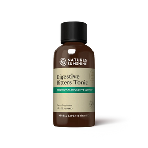 A bottle of Nature's Sunshine Digestive Bitters Tonic on a clean white background. The product is in an amber brown glass bottle with a black ribbed cap and a beige label featuring green and white text.