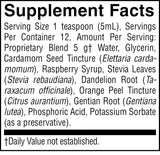 A close-up of a supplement facts label with black text on a white background, detailing serving size, servings per container, and ingredients including Elettaria cardamomum, Raspberry Syrup, Stevia Leaves, Dandelion Root, Orange Peel Tincture, Gentiana lutea, and Phosphoric Acid.