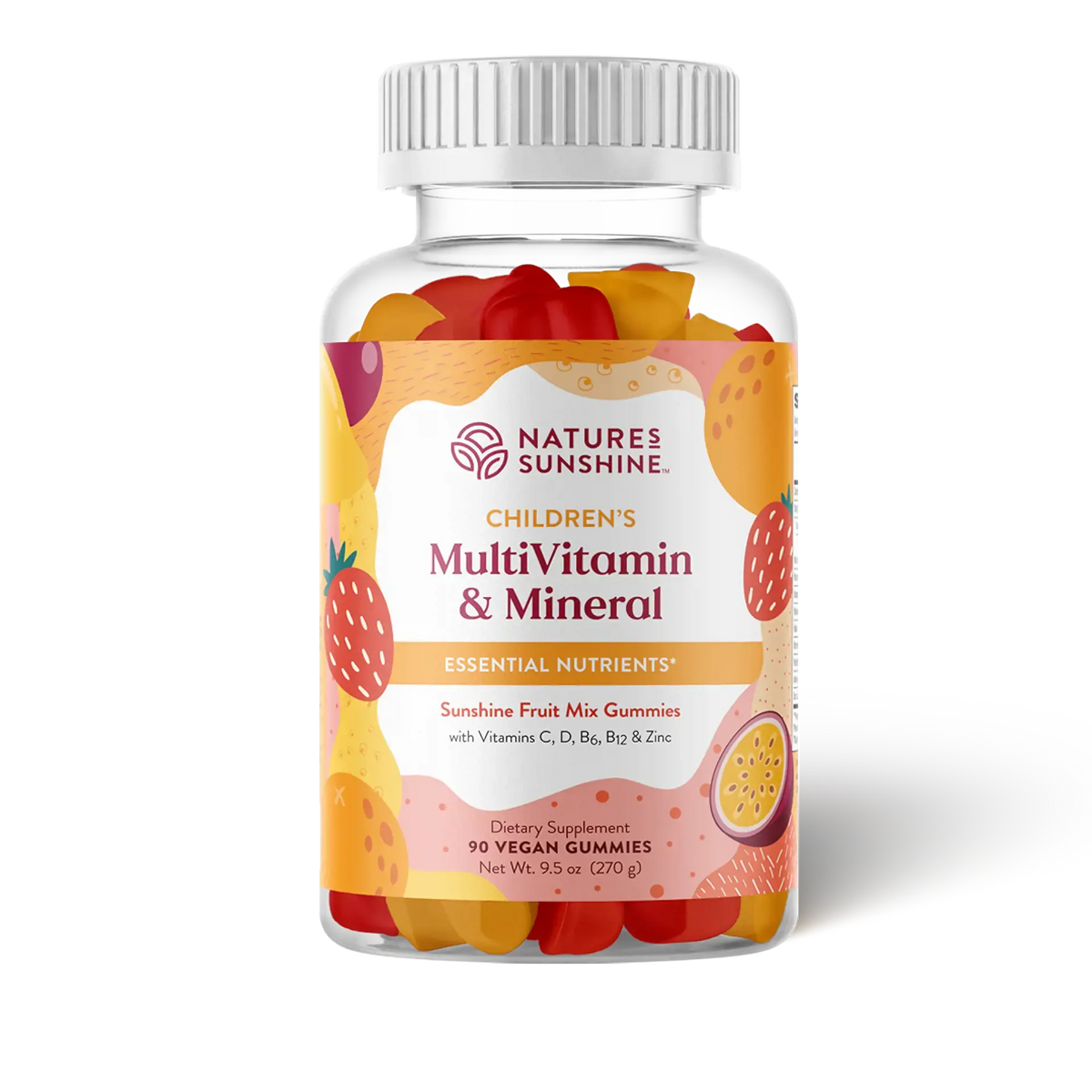 A bottle of Nature's Sunshine Children's MultiVitamin & Mineral gummies, featuring a white ribbed cap and a colorful label with illustrations of strawberries, oranges, and a passion fruit. The clear bottle reveals the multicolored gummy candies inside, set against a plain white background.