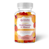 A bottle of Nature's Sunshine Children's MultiVitamin & Mineral gummies, featuring a white ribbed cap and a colorful label with illustrations of strawberries, oranges, and a passion fruit. The clear bottle reveals the multicolored gummy candies inside, set against a plain white background.