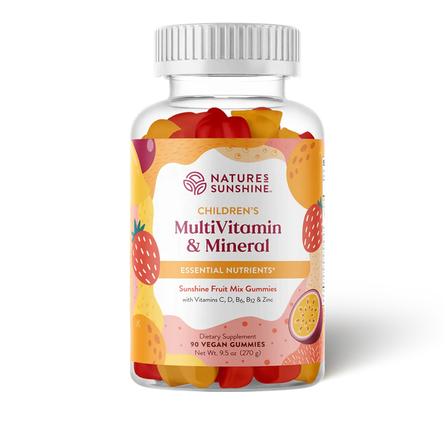 A bottle of Nature's Sunshine Children's MultiVitamin & Mineral gummies, featuring a white ribbed cap and a colorful label with illustrations of strawberries, oranges, and a passion fruit. The clear bottle reveals the multicolored gummy candies inside, set against a plain white background.