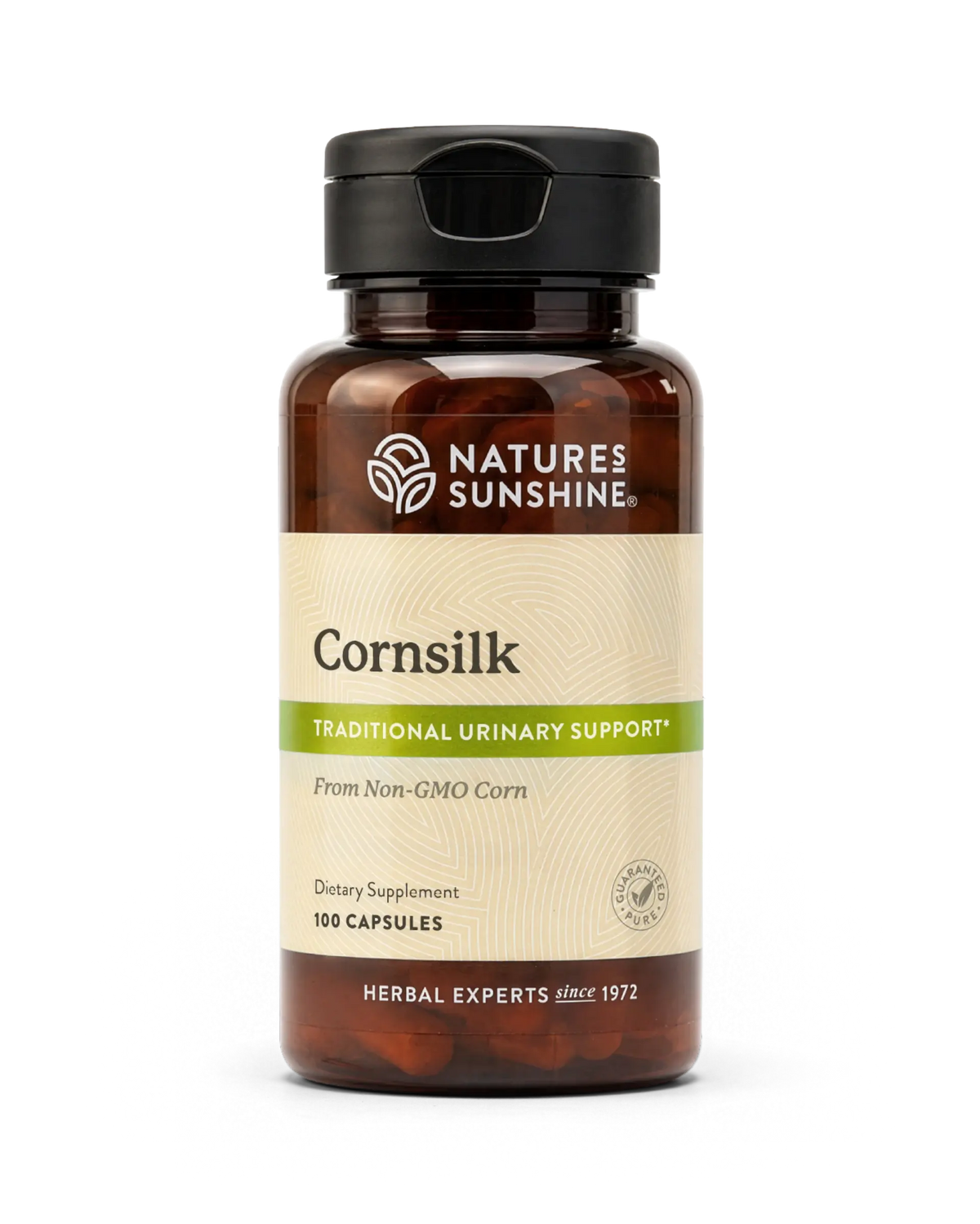 A bottle of Nature's Sunshine Cornsilk dietary supplement, featuring an amber brown bottle, a black cap, and a cream-colored label with green accents, set against a plain white background.