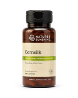 A bottle of Nature's Sunshine Cornsilk dietary supplement, featuring an amber brown bottle, a black cap, and a cream-colored label with green accents, set against a plain white background.