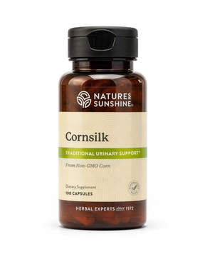 A bottle of Nature's Sunshine Cornsilk dietary supplement, featuring an amber brown bottle, a black cap, and a cream-colored label with green accents, set against a plain white background.