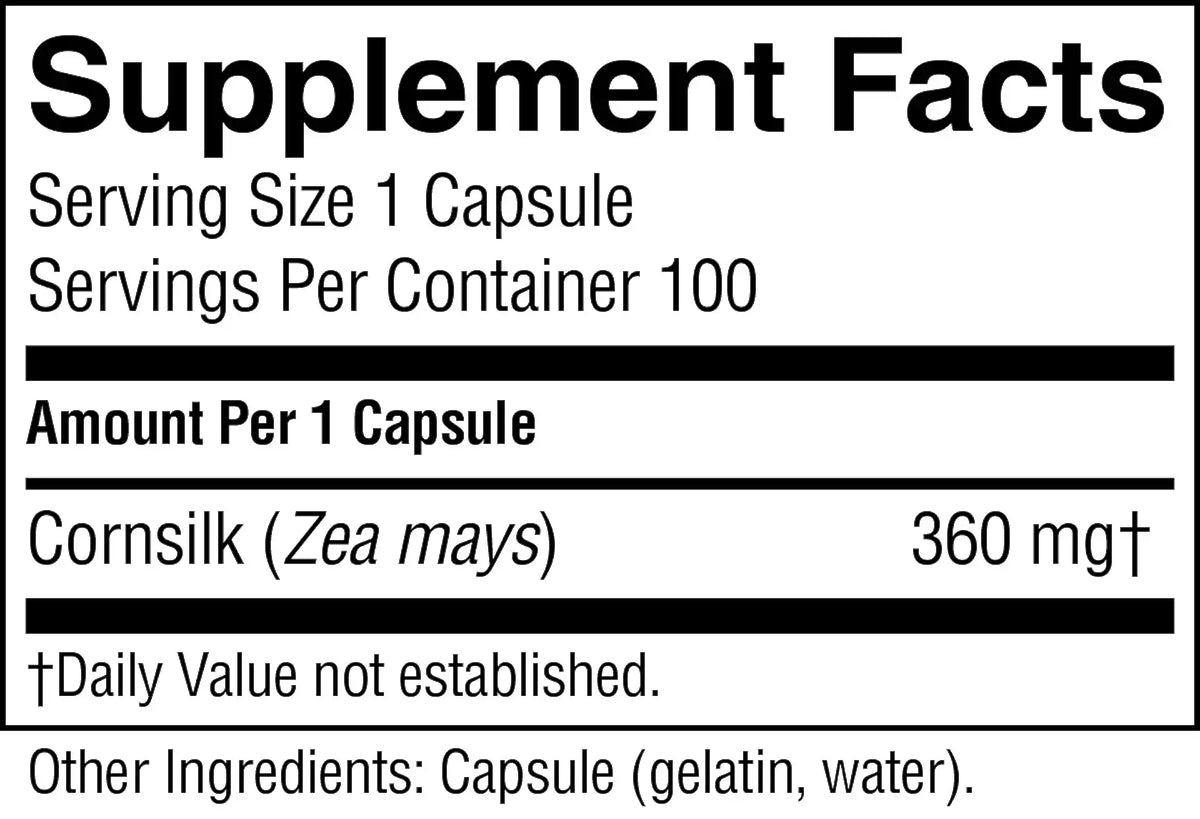 A Supplement Facts label showing corn silk (Zea mays) at 360 mg, with serving size 1 capsule and 100 servings per container.