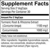 A close-up of a supplement facts label showing serving size 2 VegCaps, servings per container 30, and amounts per 2 VegCaps for Turmeric Root & Rhizome Extract (Curcuma longa) 1100 mg and Curcuminoids 1000 mg. Other ingredients listed include vegetable hypromellose capsule, cellulose, rice concentrate, dicalcium phosphate, and black pepper fruit extract (Piper nigrum).