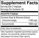 A close-up of a supplement facts label showing serving size 2 VegCaps, servings per container 30, and amounts per 2 VegCaps for Turmeric Root & Rhizome Extract (Curcuma longa) 1100 mg and Curcuminoids 1000 mg. Other ingredients listed include vegetable hypromellose capsule, cellulose, rice concentrate, dicalcium phosphate, and black pepper fruit extract (Piper nigrum).