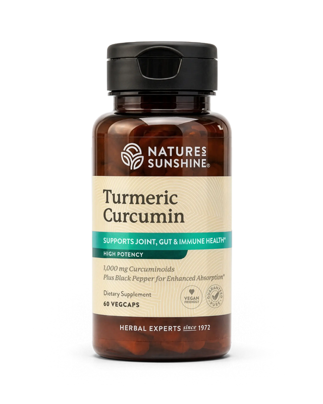 A bottle of Nature's Sunshine Turmeric Curcumin dietary supplement, containing 60 vegcaps, shown on a clean white background.