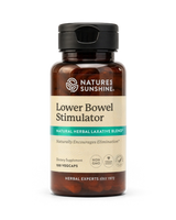 Nature's Sunshine Lower Bowel Stimulator dietary supplement bottle with a black cap and amber-brown plastic, featuring a beige label with green and white text.