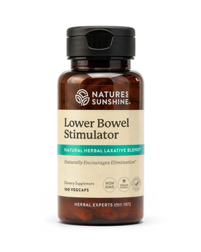 Nature's Sunshine Lower Bowel Stimulator dietary supplement bottle with a black cap and amber-brown plastic, featuring a beige label with green and white text.