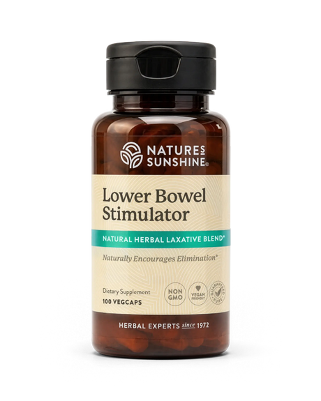 Nature's Sunshine Lower Bowel Stimulator dietary supplement bottle with a black cap and amber-brown plastic, featuring a beige label with green and white text.