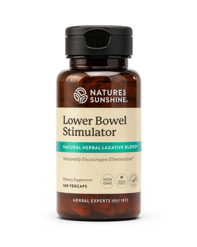 Nature's Sunshine Lower Bowel Stimulator dietary supplement bottle with a black cap and amber-brown plastic, featuring a beige label with green and white text.