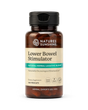 Nature's Sunshine Lower Bowel Stimulator dietary supplement bottle with a black cap and amber-brown plastic, featuring a beige label with green and white text.