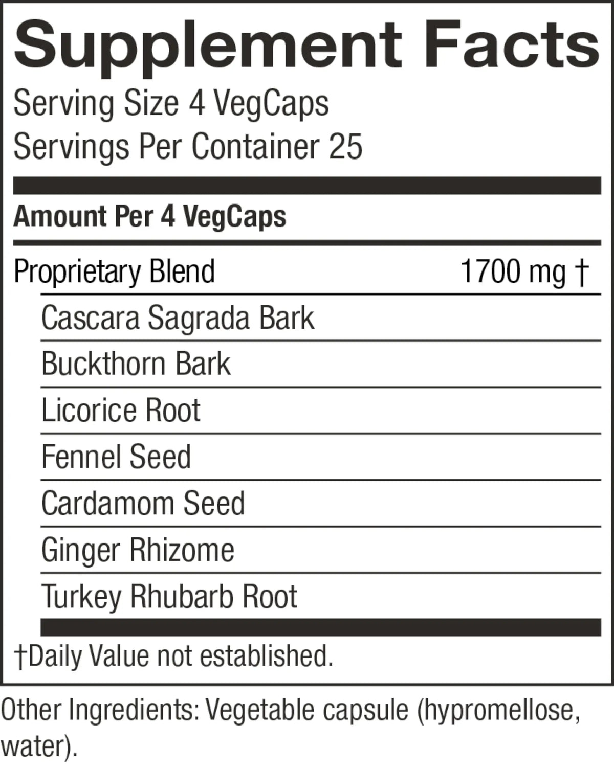 A close-up of a supplement facts label showing a proprietary blend made of Cascara Sagrada Bark, Buckthorn Bark, Licorice Root, Fennel Seed, Cardamom Seed, Ginger Rhizome, and Turkey Rhubarb Root, with a serving size of 4 VegCaps.