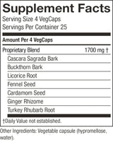 A close-up of a supplement facts label showing a proprietary blend made of Cascara Sagrada Bark, Buckthorn Bark, Licorice Root, Fennel Seed, Cardamom Seed, Ginger Rhizome, and Turkey Rhubarb Root, with a serving size of 4 VegCaps.