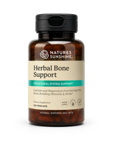 A bottle of Nature's Sunshine Herbal Bone Support dietary supplement, featuring an amber glass bottle, black cap, and beige label with a teal accent stripe.