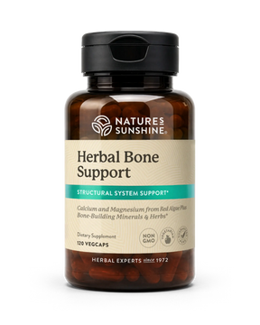 A bottle of Nature's Sunshine Herbal Bone Support dietary supplement, featuring an amber glass bottle, black cap, and beige label with a teal accent stripe.