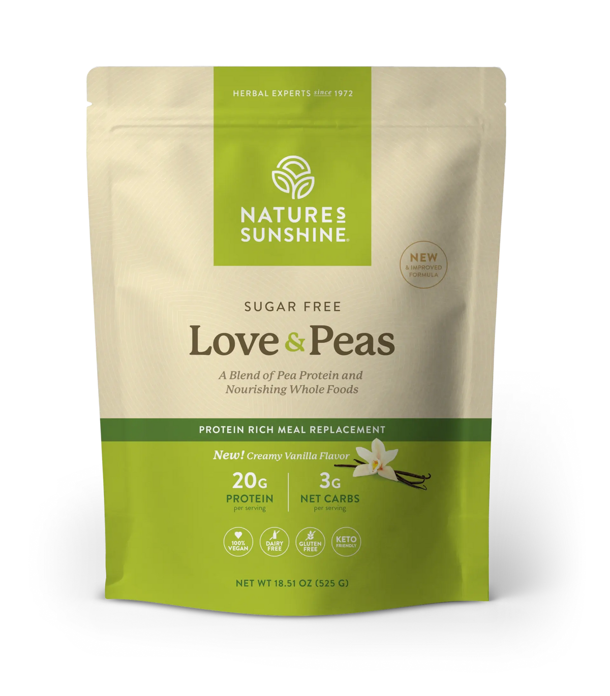 Nature's Sunshine Love & Peas herbal meal replacement powder in a 16.51 oz stand-up pouch, featuring a cream and green color scheme with vanilla and pea illustrations.