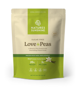 Nature's Sunshine Love & Peas herbal meal replacement powder in a 16.51 oz stand-up pouch, featuring a cream and green color scheme with vanilla and pea illustrations.