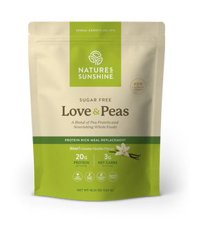 Nature's Sunshine Love & Peas herbal meal replacement powder in a 16.51 oz stand-up pouch, featuring a cream and green color scheme with vanilla and pea illustrations.