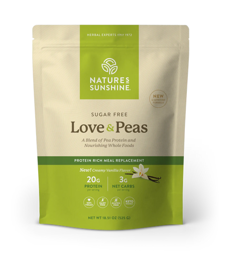 Nature's Sunshine Love & Peas herbal meal replacement powder in a 16.51 oz stand-up pouch, featuring a cream and green color scheme with vanilla and pea illustrations.