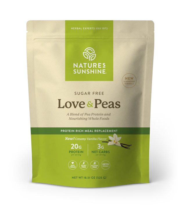 Nature's Sunshine Love & Peas herbal meal replacement powder in a 16.51 oz stand-up pouch, featuring a cream and green color scheme with vanilla and pea illustrations.