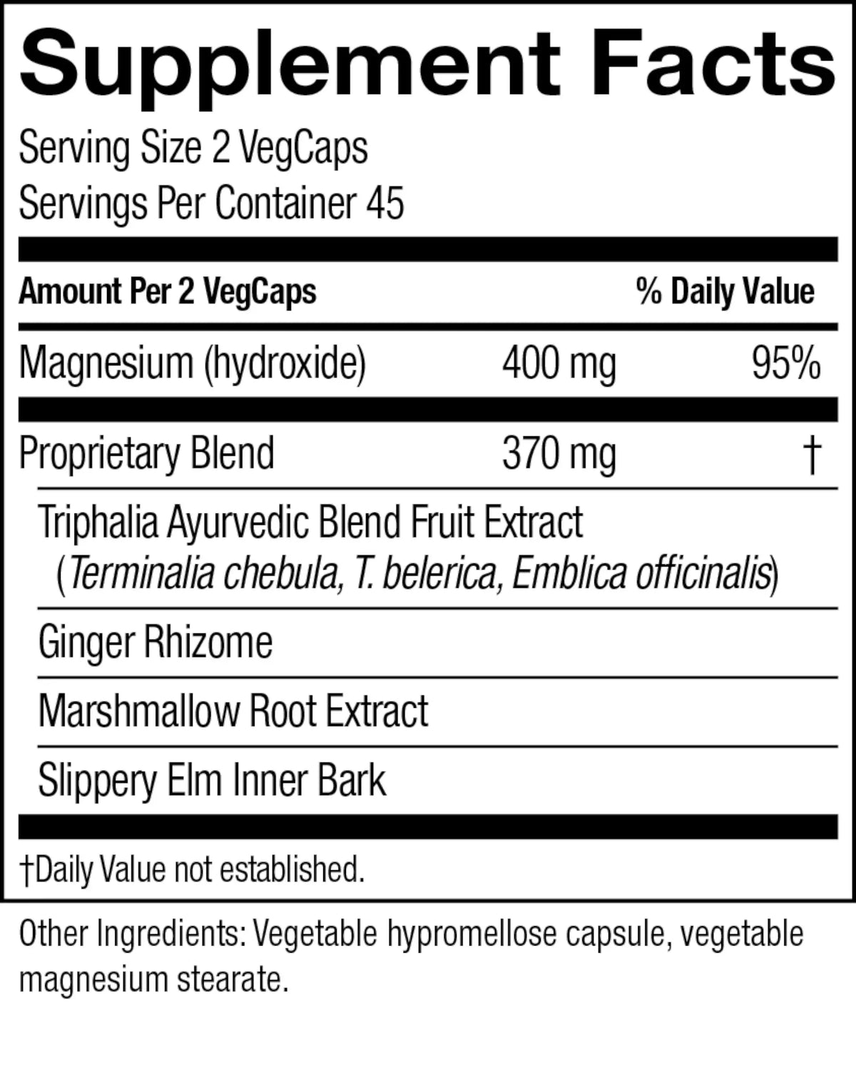 A close-up of a supplement facts label showing serving size 2 VegCaps, 45 servings per container, and a proprietary blend of Triphala Ayurvedic Blend Fruit Extract, Ginger Rhizome, Marshmallow Root Extract, and Slippery Elm Inner Bark.
