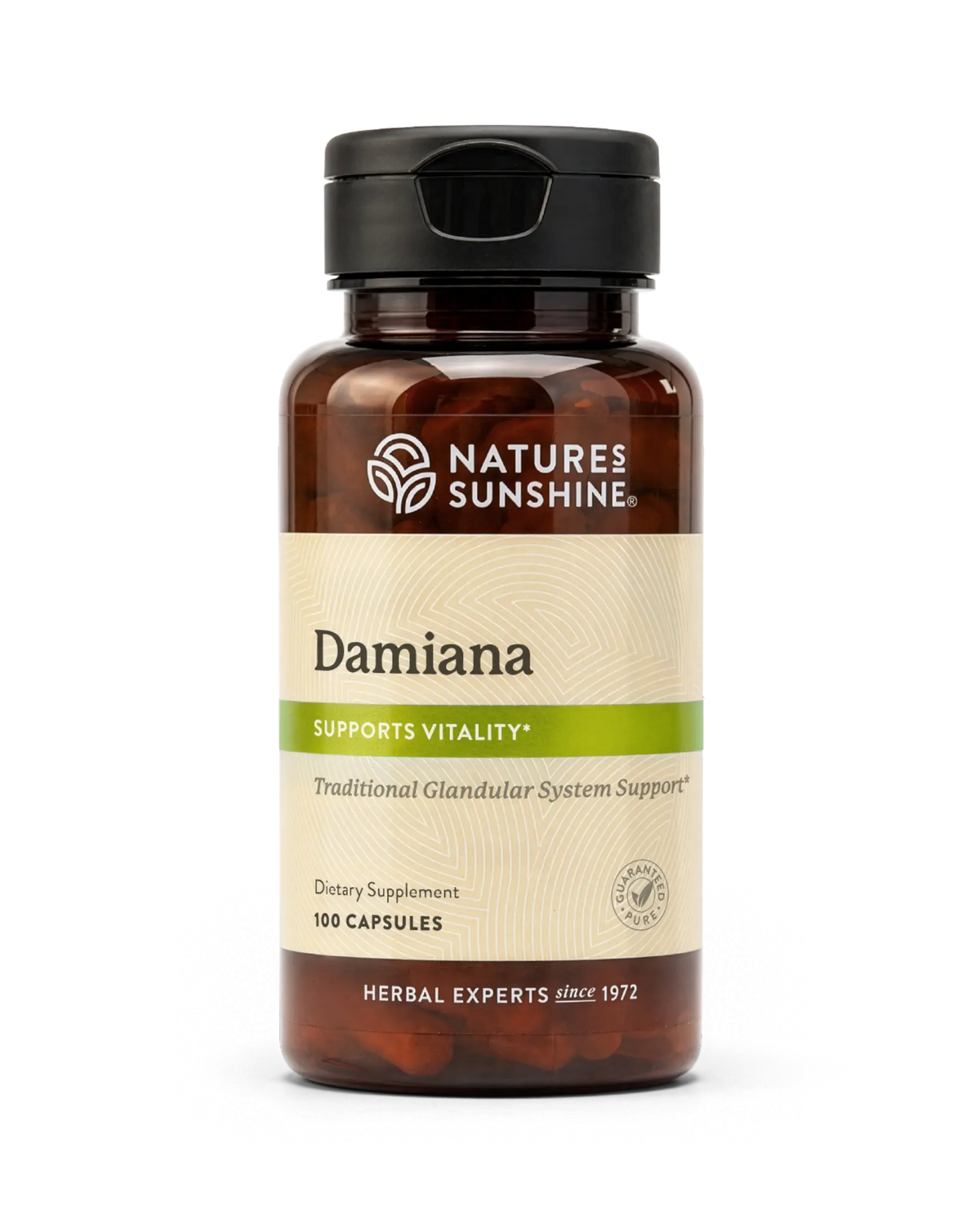 A bottle of Natures Sunshine Damiana dietary supplement with a black cap and a beige label, shown on a clean white background.