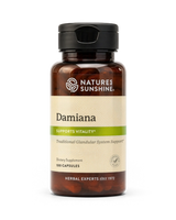 A bottle of Natures Sunshine Damiana dietary supplement with a black cap and a beige label, shown on a clean white background.