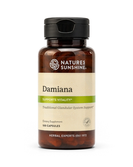 A bottle of Natures Sunshine Damiana dietary supplement with a black cap and a beige label, shown on a clean white background.
