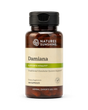 A bottle of Natures Sunshine Damiana dietary supplement with a black cap and a beige label, shown on a clean white background.