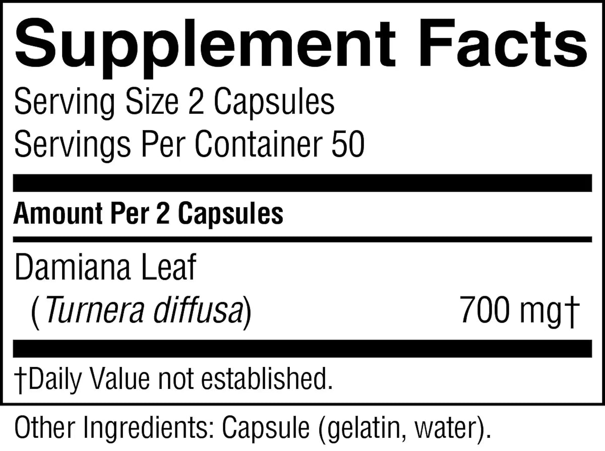 A close-up of a supplement facts label showing serving size 2 capsules, 50 servings per container, and Damiana Leaf at 700 mg. The label is black text on a white background.